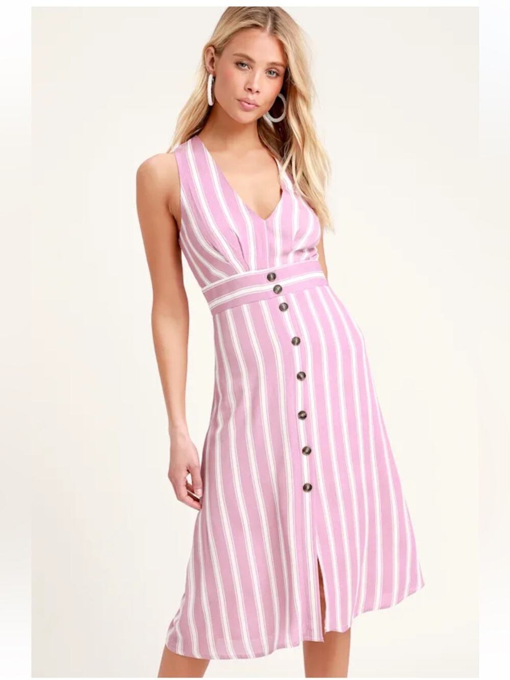 Lulus Jacqui Lavender and White Striped Button Front Midi Dress Size Small NEW